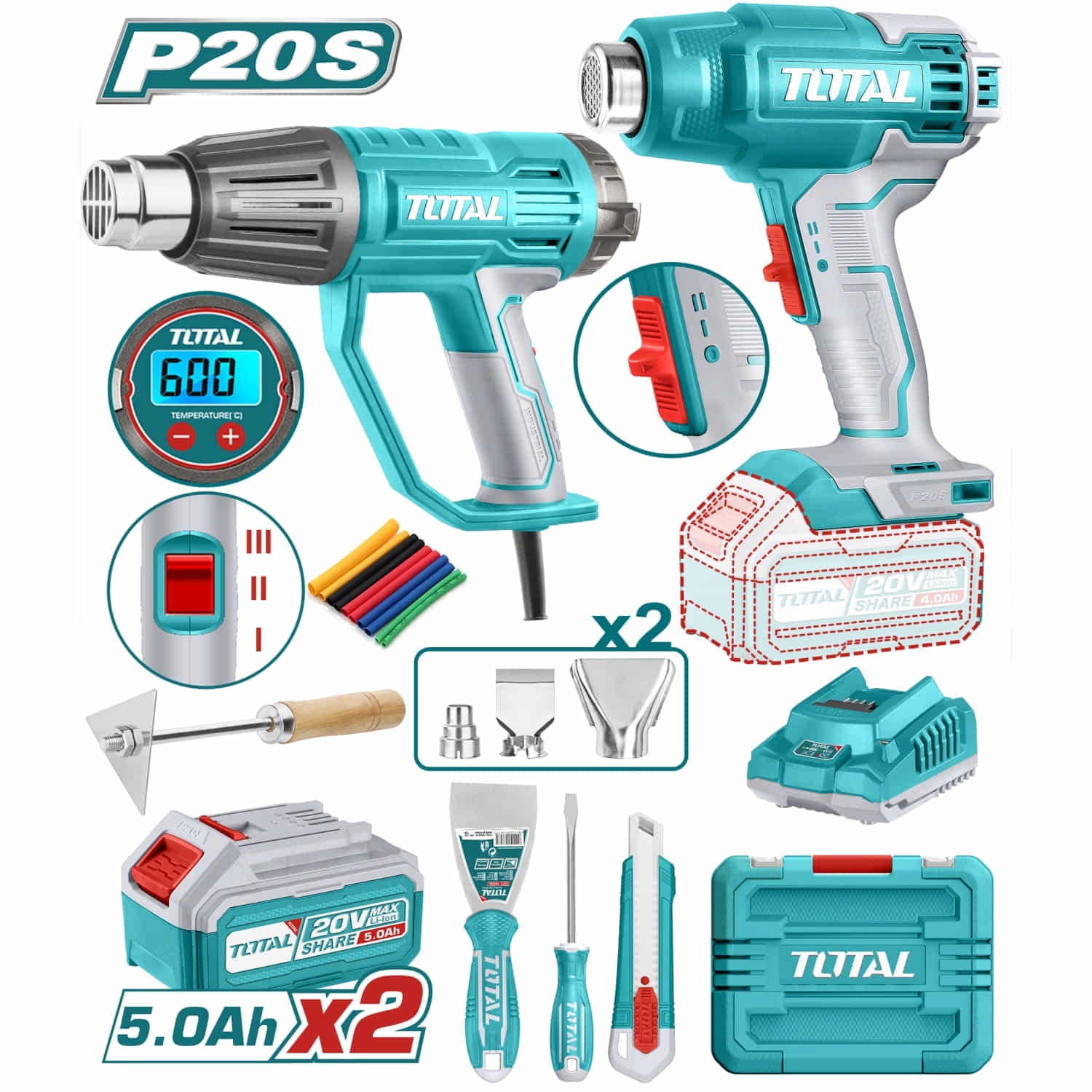 COMBO TOTAL PISTOLA DE CALOR INALAMBRICA 20V, PISTOLA DE CALOR 1600W CON ACCESORIOS. INCLUYE 2 BATER