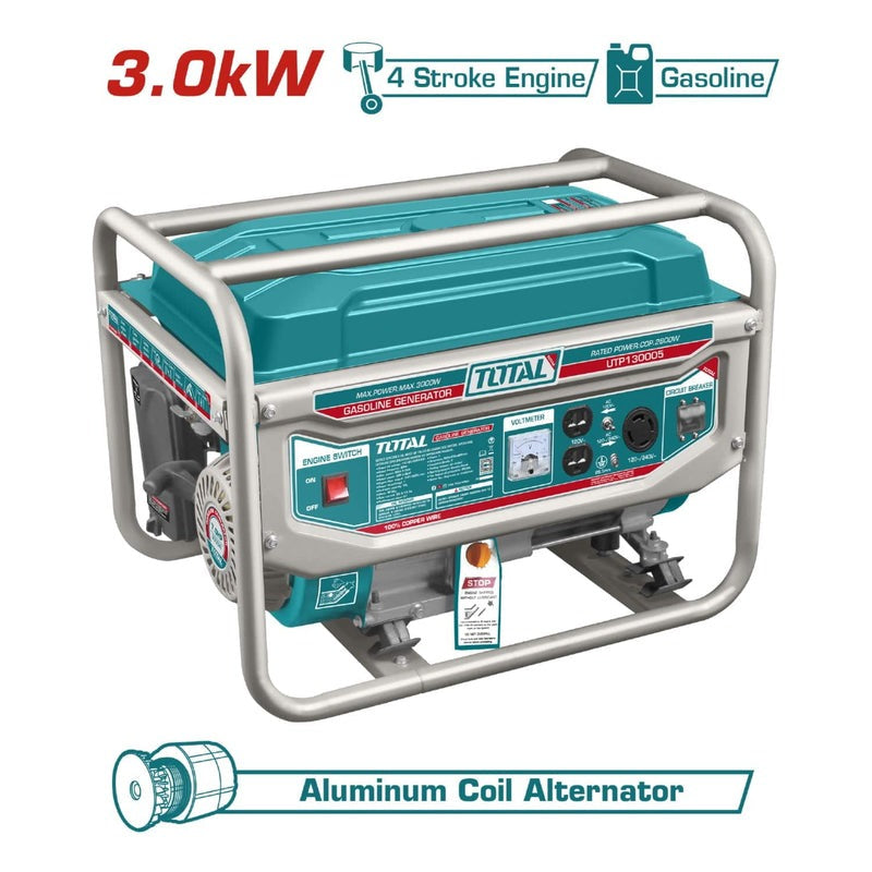 [SKUIMG]UTP130005|UTP130005.jpg|Generador gasolina Total 110V-220V 60Hz 1PH. 3000 W (RPM):3600. inicio de cuerda. Motor de 4 tiempos