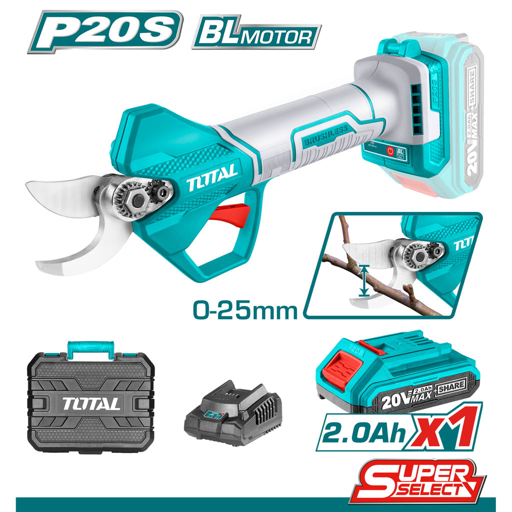 [SKUIMG]UTSSLI202581|UTSSLI202581.jpg|TIJERA DE PODAR INALÁMBRICA 20V.MOTOR SIN ESCOBILLAS.25 MM (BATERÍA 2.0AH, CARGADOR Y MALETÍN)