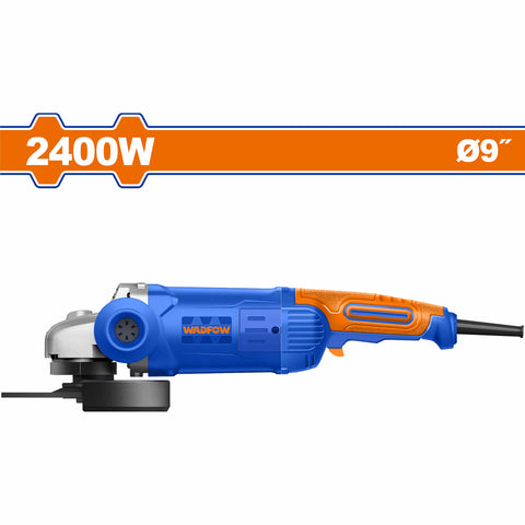 [SKUIMG]UWAG852401|UWAG852401.jpg|ESMERILADORA ANGULAR 9" 2400W. 110-120V ~ 50/60HZ. 6400RPM. NO INCLUYE DISCO. ESMERIL FLEXIBLE.