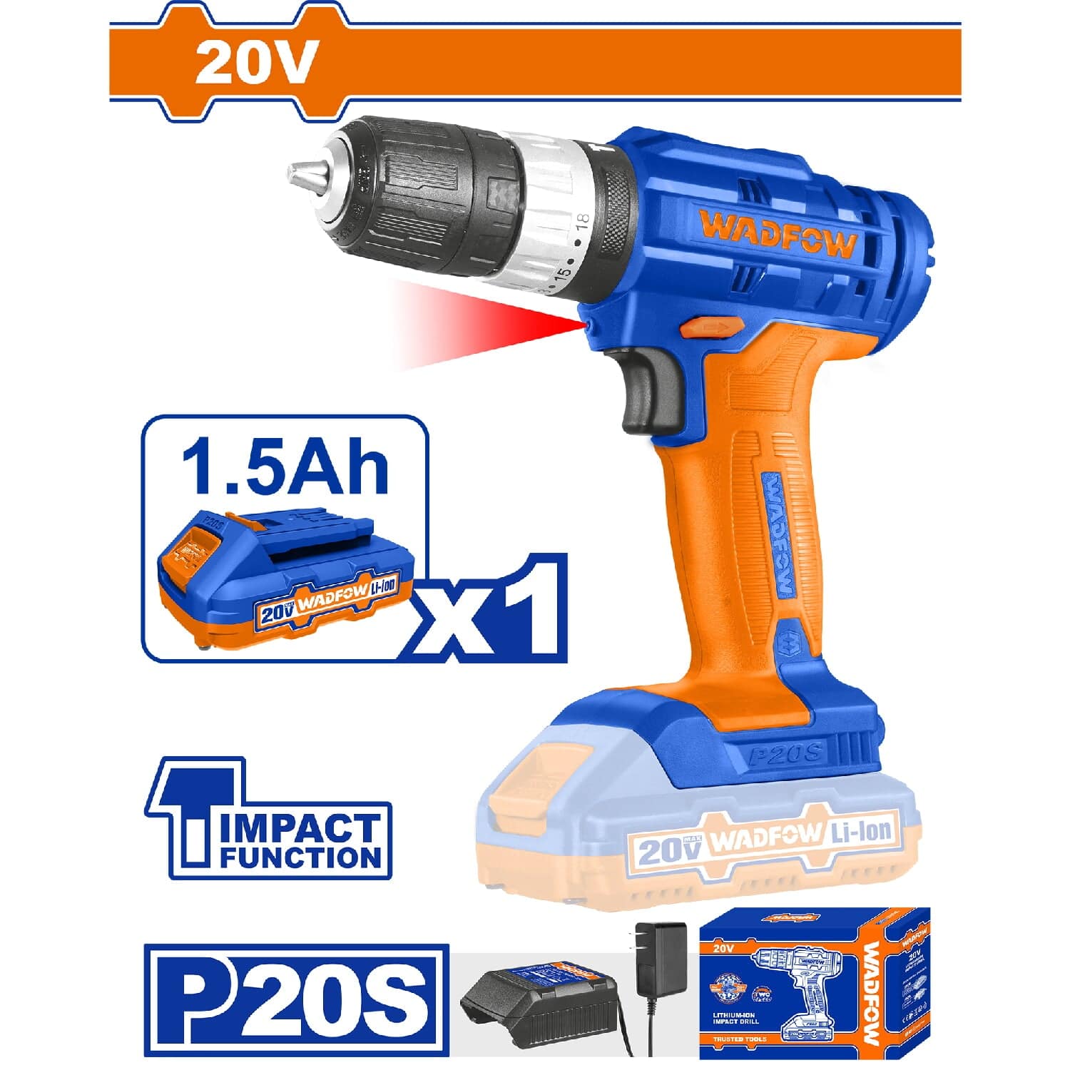 [SKUIMG]UWCDP521|UWCDP521.jpg|TALADRO DRILL INALÁMBRICO FUNCIÓN IMPACTO 20V.