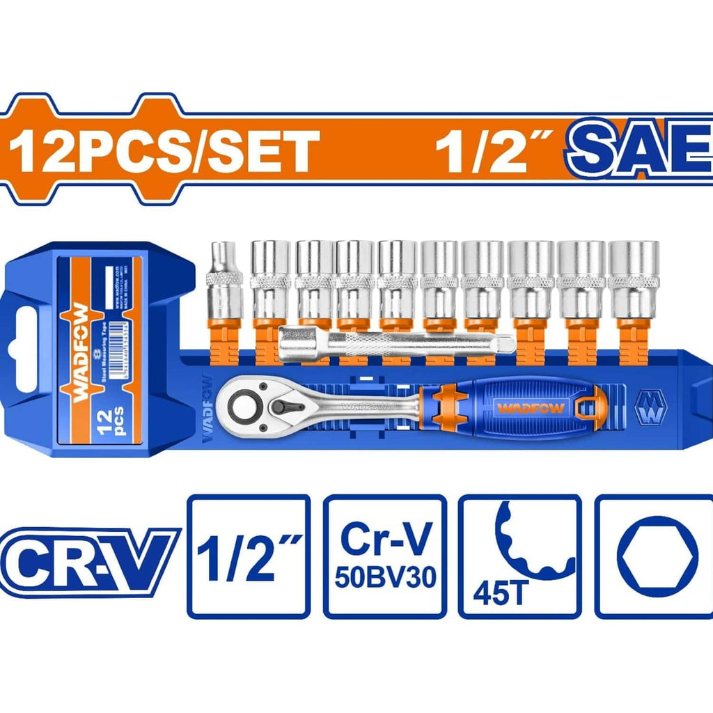 [SKUIMG]UWST2212|DADOS SOCKET 1/2" 12 PZS CON RATCHET. CR-V. 45 DIENTES. (SOCKET, BARRA DE EXTENSIÓN) MEDIDA SAE.CROM