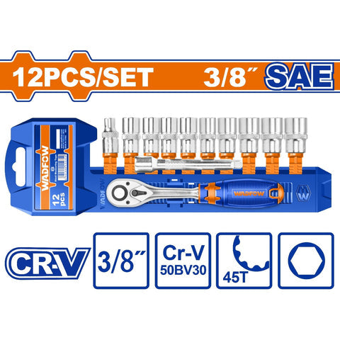 [SKUIMG]UWST3212|DADOS SOCKET RATCHET 3/8" 12 PZS. CR-V. 45 DIENTES. (SOCKET, BARRA DE EXTENSIÓN) MEDIDA SAE.CROMADO