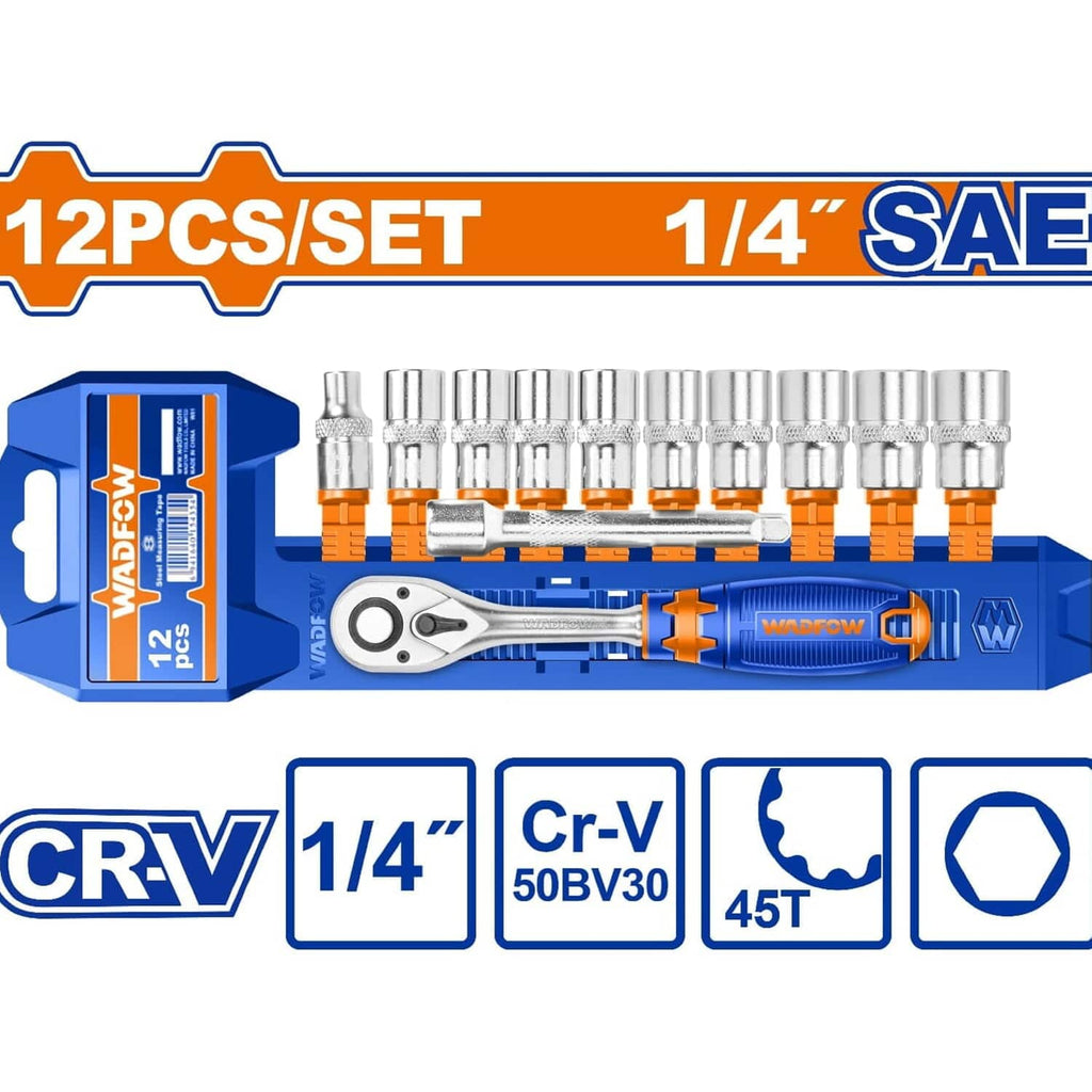 [SKUIMG]UWST4212|DADOS SOCKET RATCHET 1/4" 12 PZS. CR-V. 45 DIENTES. (SOCKET, BARRA DE EXTENSIÓN) MEDIDA SAE.CROMADO