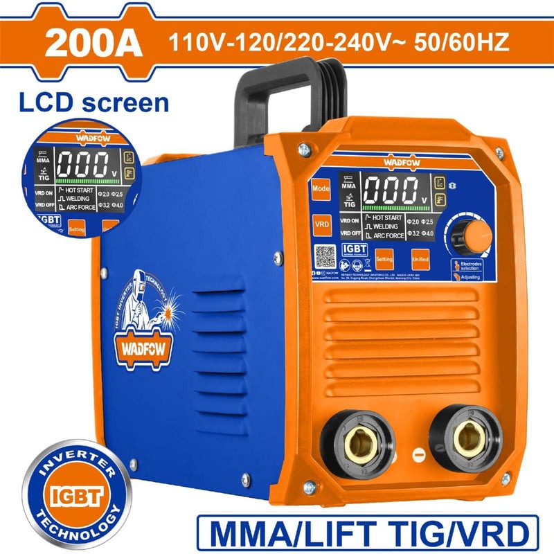 [SKUIMG]UWWD32001|UWWD32001.jpg|MÁQUINA DE SOLDAR INVERTER HEAVY DUTY. 60% CICLO DE TRABAJO. PANTALLA LCD. 200A. 110-120V.TIG.VRD.