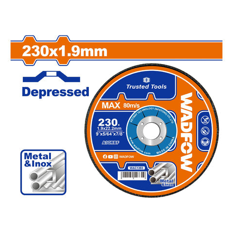[SKUIMG]WAC1393|WAC1393.jpg|DISCO DE DESBASTE PARA METAL ABRASIVO. 9"X 5/64" X 7/8". CENTRO CONCAVO