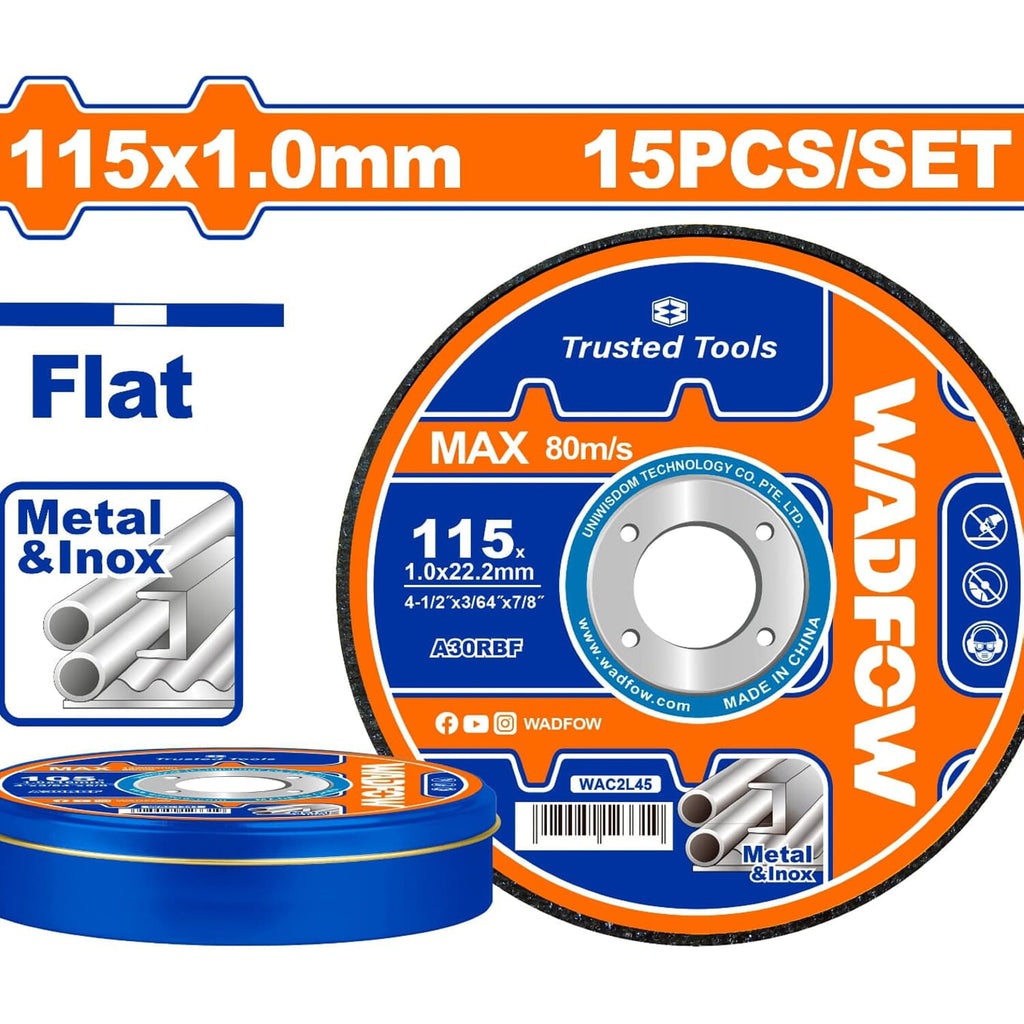 [SKUIMG]WAC2L45|DISCO CORTE DE METAL Y ACERO INOXIDABLE 115X1.0MM. PLANO. SET DE 15 PIEZAS.