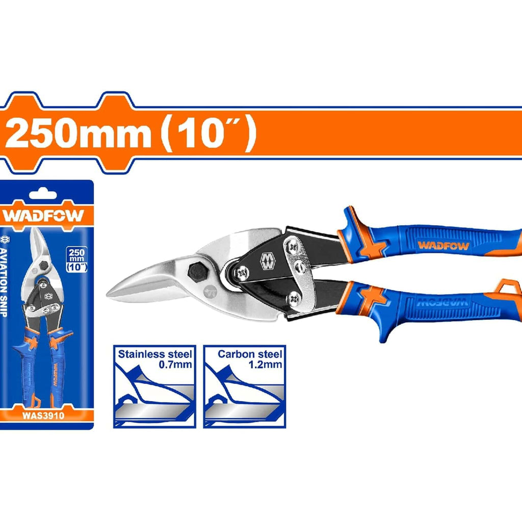[SKUIMG]WAS3910|WAS3910.jpg|TIJERA DE AVIADOR 10" DERECHA. ESPESOR MÁX. DE CORTE. ACERO AL CARBONO =1,2 MM