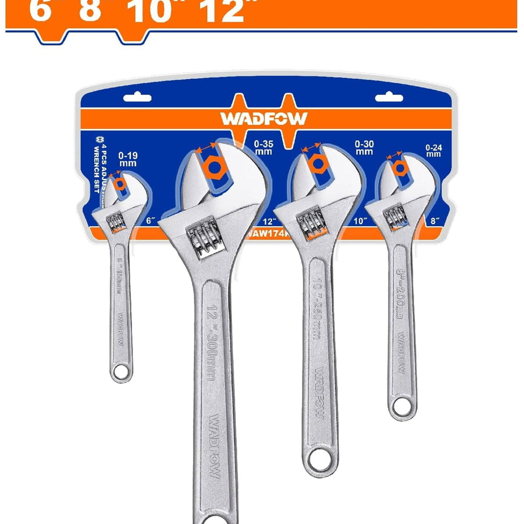 [SKUIMG]WAW174K|WAW174K.jpg|LLAVES AJUSTABLES INGLESAS DE 4 PZS. 6",8",10",12". ACERO AL CARBONO. FORJADO. (SET)