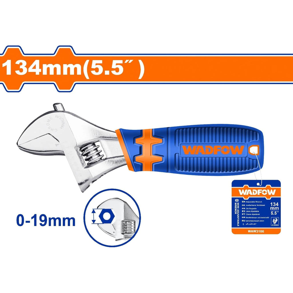 [SKUIMG]WAW3106|WAW3106.jpg|MINI LLAVE INGLESA LONGITUD 5.5" AJUSTABLE: 0-19MM. DISEÑO DE MANGO ERGONÓMICO