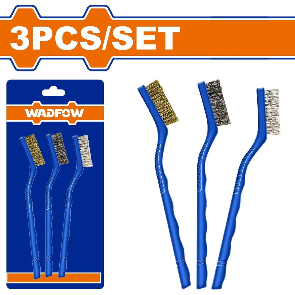[SKUIMG]WBH3607|CEPILLOS DE ALAMBRE ABRASIVOS 7". 3 PIEZAS. CON MANGO DE PLÁSTICO. (TIPO: NYLON, LATÓN Y CERDAS).