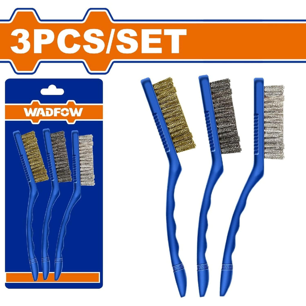[SKUIMG]WBH3609|CEPILLOS DE ALAMBRE ABRASIVOS 9". 3 PIEZAS. CON MANGO DE PLÁSTICO. (TIPO: NYLON, LATÓN Y CERDAS).