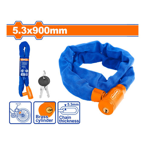 [SKUIMG]WBK4109|WBK4109.jpg|CANDADO DE CADENA DE BICICLETA 5.3X900MM RECUBIERTO CON FUNDA DE TELA. INCLUYE 2 LLAVES.