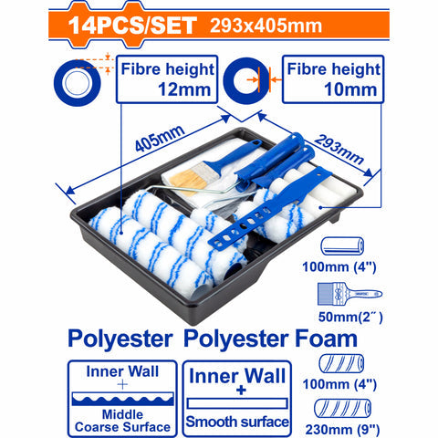 [SKUIMG]WCB3H13|BANDEJA PARA PINTAR. SET DE 14 PIEZAS. IDEAL PARA INTERIORES. POLIESTER. RODILLOS, BROCHA