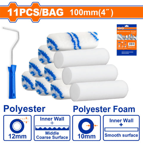 [SKUIMG]WCB5411|WCB5411.jpg|RODILLOS PARA PINTAR 4" ESPUMA Y POLIESTER.11 PZAS. IDEAL EN INTERIORES. INCLUYE MANGO.