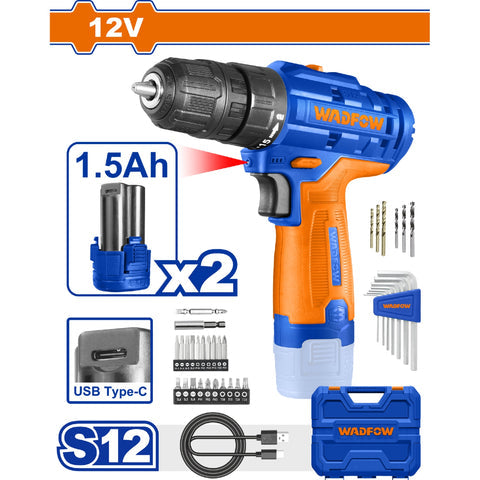 [SKUIMG]WCDS525|WCDS525.jpg|TALADRO DRILL INALAMBRICO DE 12V 0-400/0-1500RPM. 20NM TORQUE:15+1 CARGA USB.