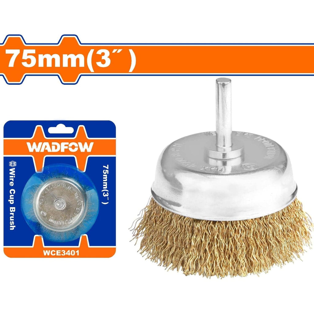 [SKUIMG]WCE3401|WCE3401.jpg|CEPILLO DE ALAMBRE DE COPA CIRCULAR CON VÁSTAGO 75MM. LONGITUD DEL CABLE: 20MM. IDEAL PARA AFILAR.