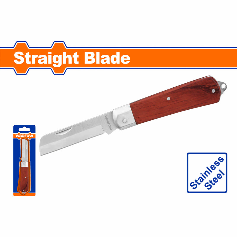 [SKUIMG]WCSK3601|WCSK3601.jpg|CUCHILLO PELACABLES RECTO 8" DE ACERO. GROSOR 3MM. CON MANGO DE MADERA
