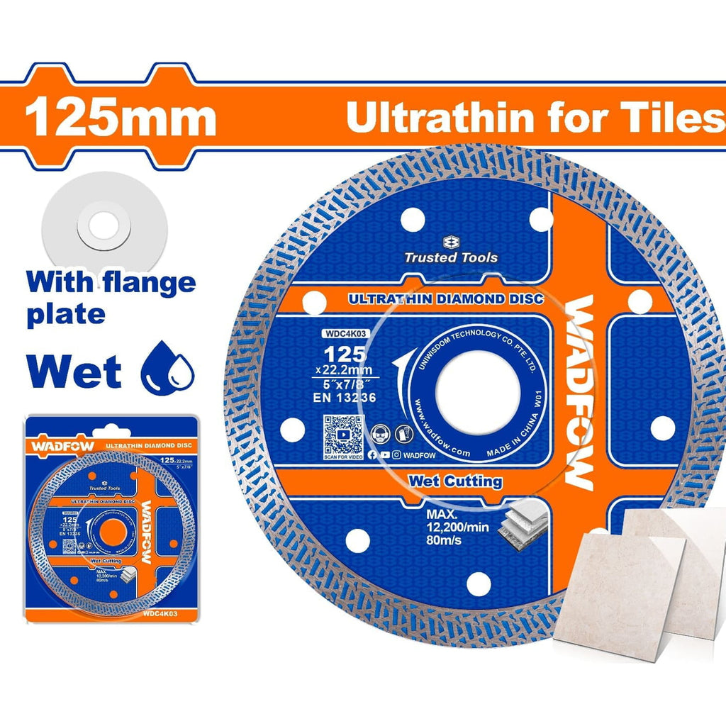 [SKUIMG]WDC4K03|WDC4K03.jpg|DISCOS DE DIAMANTE ULTRADELGADO PARA AZULEJOS. HÚMEDO. CON PLACA DE BRIDA. ANCHO DE LA HOJA:10MM