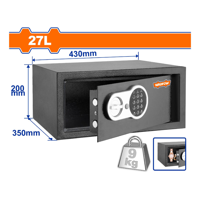 [SKUIMG]WEB1535|WEB1535.jpg|CAJA FUERTE DE SEGURIDAD ELECTRONICA 27L. 200 X 430 X 350MM. REGISTRA 3 A 8 DIGITOS.