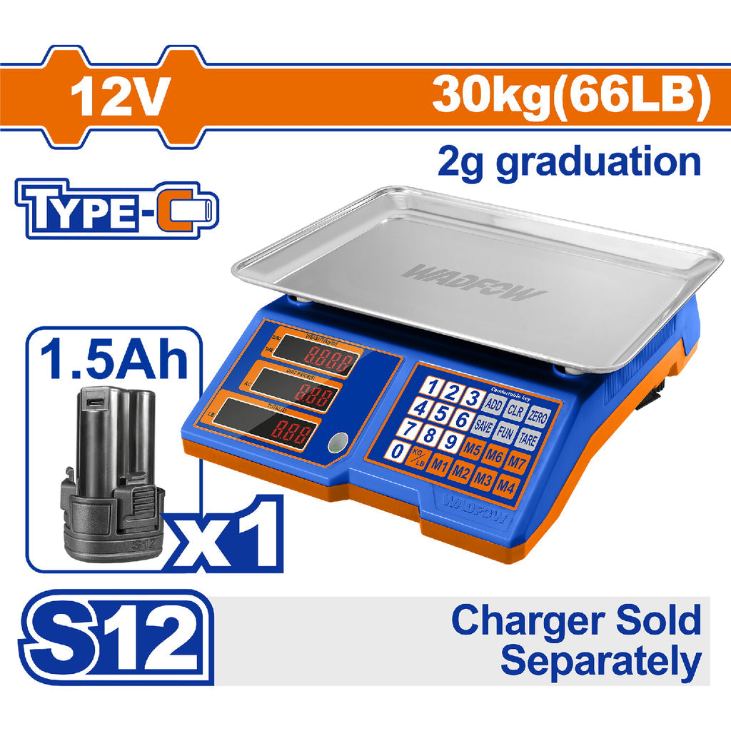 [SKUIMG]WEC1301|WEC1301.jpg|BALANZA DE SUPERMERCADO PARA ALIMENTOS. 2G-30KG. PANTALLA LED. BATERIA 12V. CARGADOR USB TIPO C POR