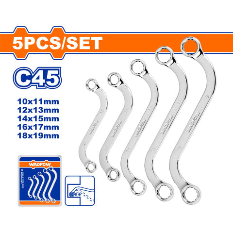 [SKUIMG]WFR4405|WFR4405.jpg|LLAVES CURVAS TIPO S. SET DE 5 PZAS. TAMANOS:8-22MM. ACERO AL CARBONO #45. PULIDO.