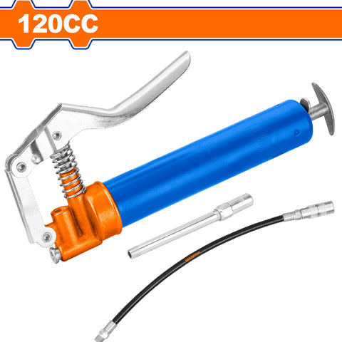 [SKUIMG]WGG1412|PISTOLA DE GRASA 120CC. PRESIÓN: 2500-4500PSI. INCLUYE ACCESORIOS (MANGUERA Y PICO METÁLICO)