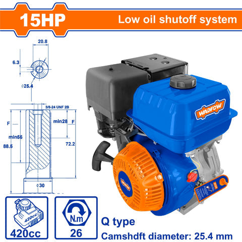 [SKUIMG]WGNAA190Q|WGNAA190Q.jpg|MOTOR A GASOLINA 15HP 4 TIEMPOS 25.4MM Q TYPE 420CC 26NM AVISO DE NIVEL BAJO DE ACEITE.