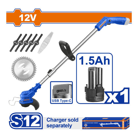 [SKUIMG]WGTS512|WGTS512.jpg|DESMALEZADORA DE HIERBA INALAMBRICA 12V. VELOC.SIN CARGA:10000/MIN INCLUYE BATERIA Y CARGADOR USA TI