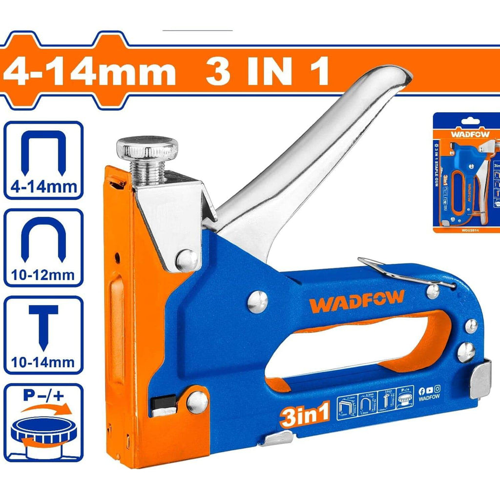 [SKUIMG]WGU2614|GRAPADORA 3 EN 1 CON FUERZA AJUSTABLE. GRAPAS ALAMBRE. FORMA DE U. CLAVOS BRAD. LONGITUD 4-14MM