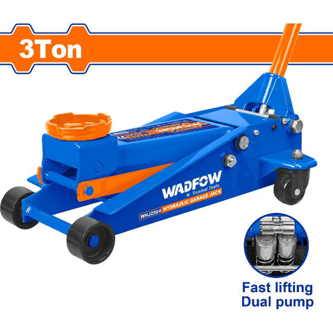 [SKUIMG]WHJ2504|WHJ2504.jpg|GATO HIDRÁULICO DE PISO 3 TON. ALTURA MIN:130MM. ALT. ELEVACIÓN: 465MM. BOMBA DOBLE.