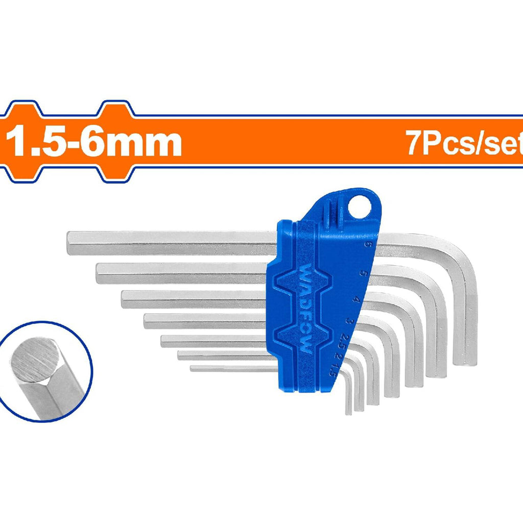 [SKUIMG]WHK1671|WHK1671.jpg|LLAVES HEXAGONALES ALLEN DE BRAZO CORTO DE 7 PZS. MEDIDAS: 1.5-6MM. ACERO AL CARBONO. (JUEGO)
