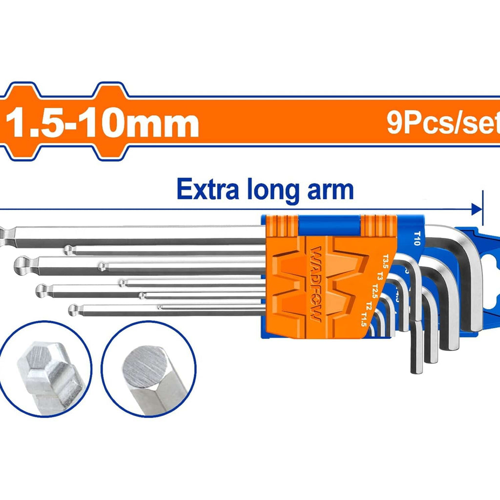 [SKUIMG]WHK2292|WHK2292.jpg|LLAVES ALLEN HEXAGONALES DE PUNTA DE BOLA. BRAZO EXTRA LARGO (9 PZAS) 1.5-10MM. CR-V (JUEGO)