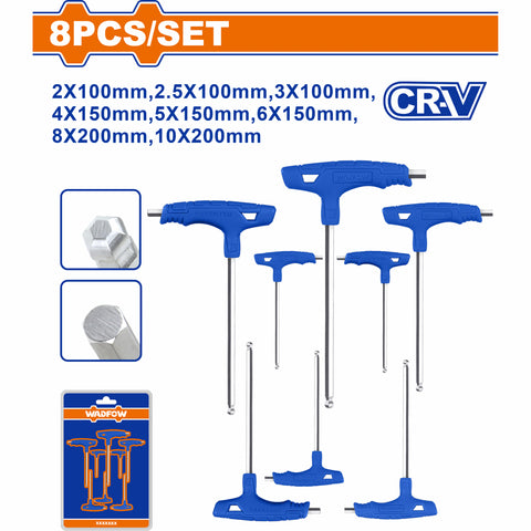 [SKUIMG]WHK2481|WHK2481.jpg|LLAVES HEXAGONALES DE PUNTA BOLA CON MANGO T CR-V, TRATAMIENTO TERMICO Y PLACA DE CROMO. SET 8 PZAS.