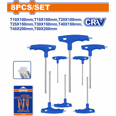 [SKUIMG]WHK3481|LLAVES TORX CON MANGO T CR-V, TRATAMIENTO TERMICO Y PLACA DE CROMO. SET 8 PZAS.
