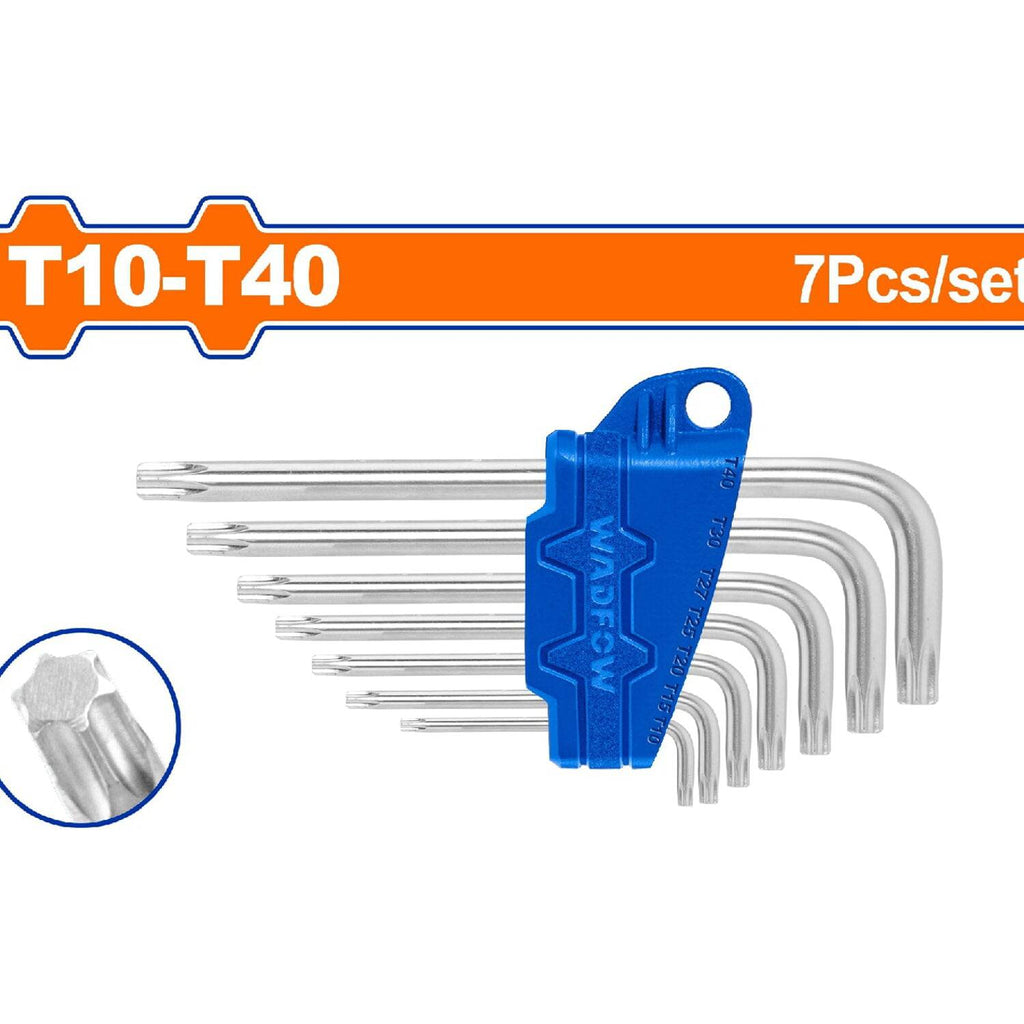 [SKUIMG]WHK3671|WHK3671.jpg|LLAVES TORX DE BRAZO CORTO DE 7 PZS. MEDIDAS: T10-T40. ACERO AL CARBONO (JUEGO)