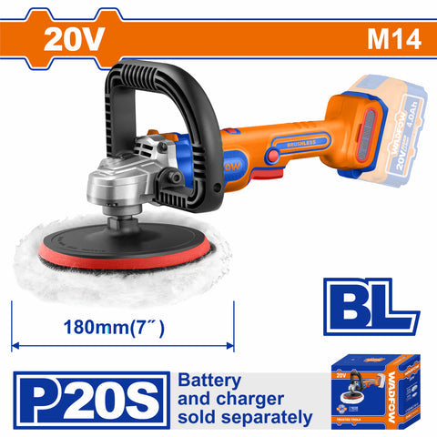 [SKUIMG]WHL1B18|WHL1B18.jpg|PULIDORA INALAMBRICA 20V 7" VEL 400-2500RPM ROSCA DEL EJE M14 VELOCIDAD VARIABLE INCLUYE ACCESORIOS.