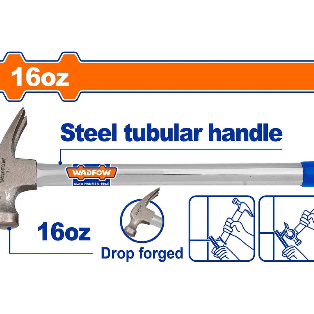 [SKUIMG]WHM336G|WHM336G.jpg|MARTILLO DE OREJAS FORJADO. 16OZ/450G. TRATAMIENTO TÉRMICO. ACERO AL CARBONO #45. MANGO TUBULAR.