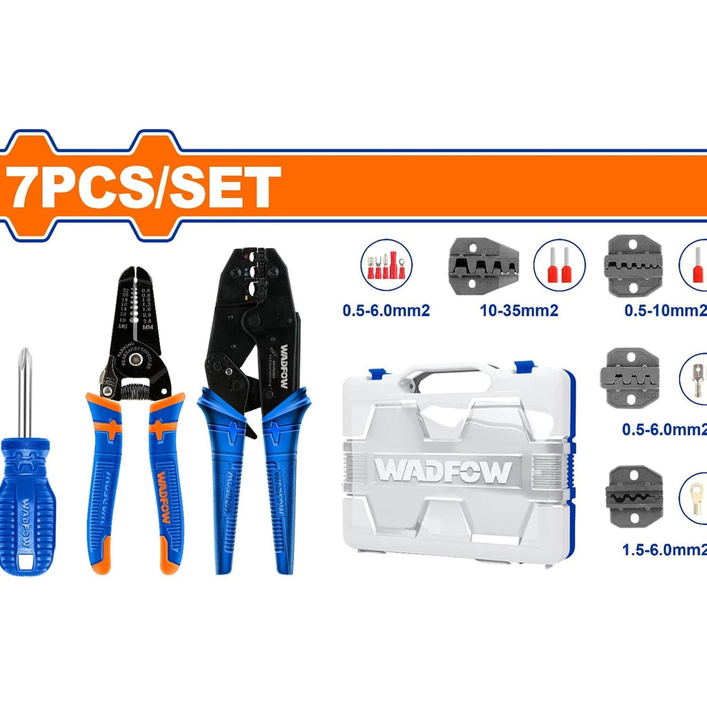 [SKUIMG]WHS1B07|ALICATES PARA CRIMPAR CONECTORES ELÉCTRICOS. 7 PZAS. (MATRACAS,DESTORNILLADOR, PELACABLE)JUEGO