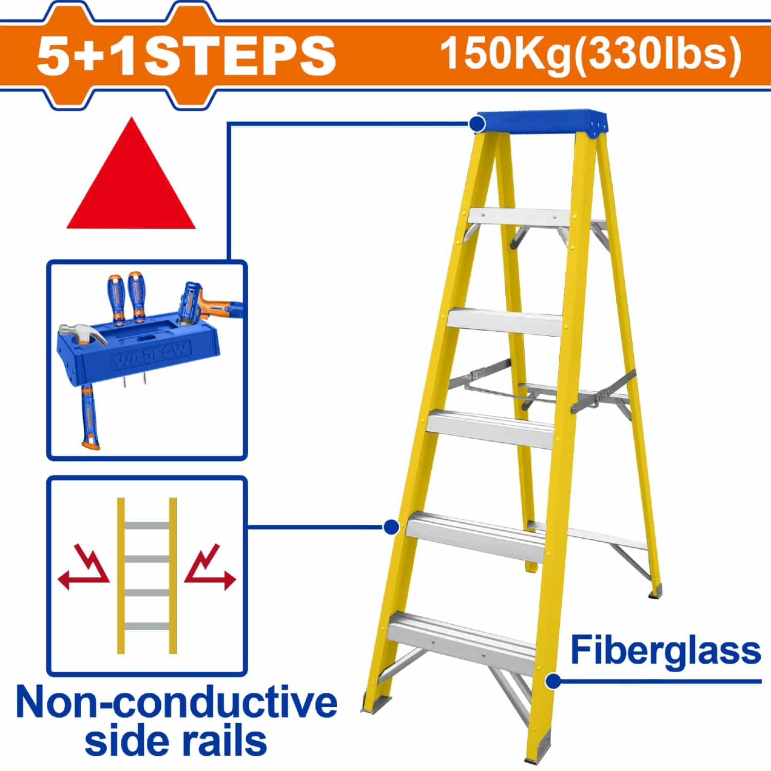 [CARBONE]WLD0906|ESCALERA DE FIBRA DE VIDRIO 6 ESCALONES. ALTURA DE PASO: 280MM. CARGA MÁXIMA: 150KG. DE TIJERA