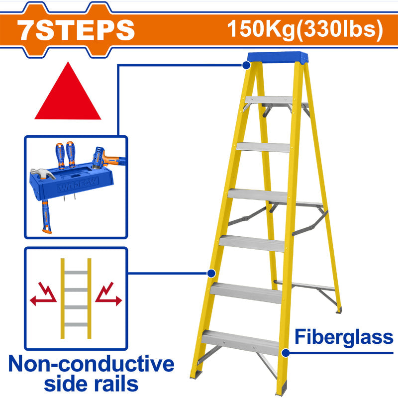 [SKUIMG]WLD0907|ESCALERA DE FIBRA DE VIDRIO 7 ESCALONES. ALTURA DE PASO: 280MM. CARGA MÁXIMA: 150KG. DE TIJERA