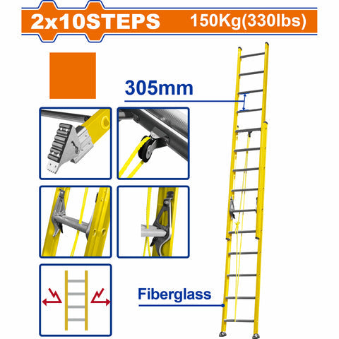 [SKUIMG]WLD0920|WLD0920.jpg|ESCALERA EXTENSIBLE 2X10 DE FIBRA DE VIDRIO. CARGA MAX. 150KG ALTURA ESCALON 305MM.