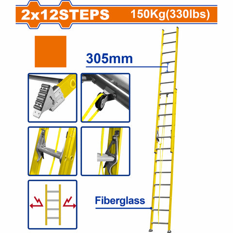 [SKUIMG]WLD0924|WLD0924.jpg|ESCALERA EXTENSIBLE 2X12 DE FIBRA DE VIDRIO. CARGA MAX. 150KG ALTURA ESCALON 305MM.