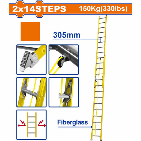 [SKUIMG]WLD0928|WLD0928.jpg|ESCALERA EXTENSIBLE 2X14 DE FIBRA DE VIDRIO. CARGA MAX. 150KG ALTURA ESCALON 305MM.