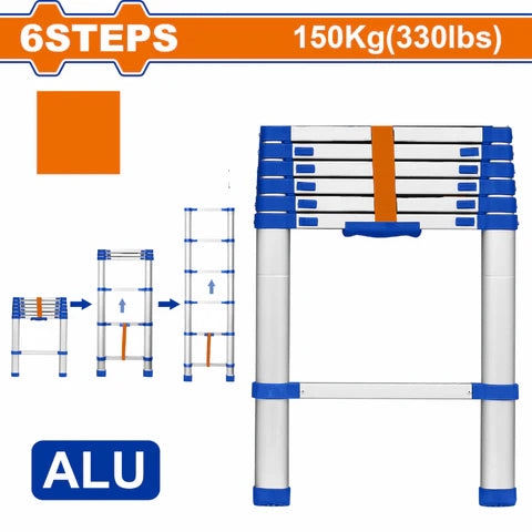 [SKUIMG]WLD5H06|WLD5H06-FRONTEND-yTCQQFI_gJNN3pqs.png|ESCALERA TELESCÓPICA DE ALUMINIO DE 6 ESCALONES. ALTURA DE PASO: 300MM. CARGA MÁXIMA: 150KG.