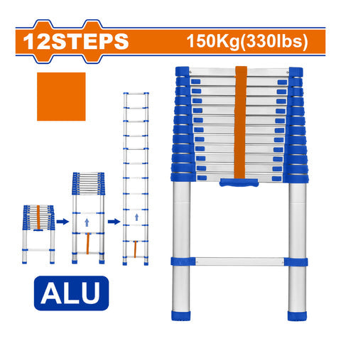 [SKUIMG]WLD5H12|WLD5H12.jpg|ESCALERA TELESCOPICA DE ALUMINIO DE 12 ESCALONES. ALTURA DE PASO: 300MM. CARGA MAXIMA: 150KG.