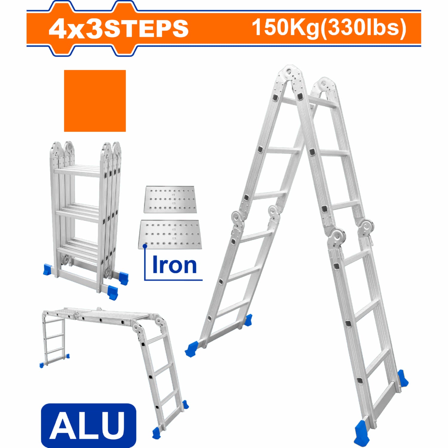 [CARBONE]WLD7H43|ESCALERA MULTIPOSICIÓN 4X3 DE ALUMINIO CARGA MÁXIMA: 150KG ALTURA ESCALON 270MM ESCALERA PLEGABLE.