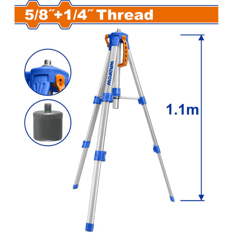 [SKUIMG]WLE9301|WLE9301.jpg|TRIPODE DE ALUMINIO 5/8" Y 1/4". ALTURA AJUSTABLE: 0.45M A 1.1M. PARA NIVELES LASER.