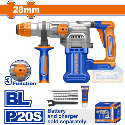ROTOMARTILLO INALAMBRICO 20V. MOTOR SIN ESCOBILLAS. 0-930RPM 0-4400BPM 4.5J PERFORA: HORMIGON: 28MM,