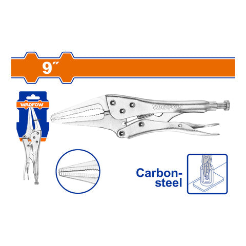 [SKUIMG]WLP3C09|WLP3C09.jpg|ALICATE DE PRESION PUNTA LARGA 9" RANGO. 0-67MM. HRC38o-HRC48o ACERO AL CARBONO. NIQUELADO. PINZA.